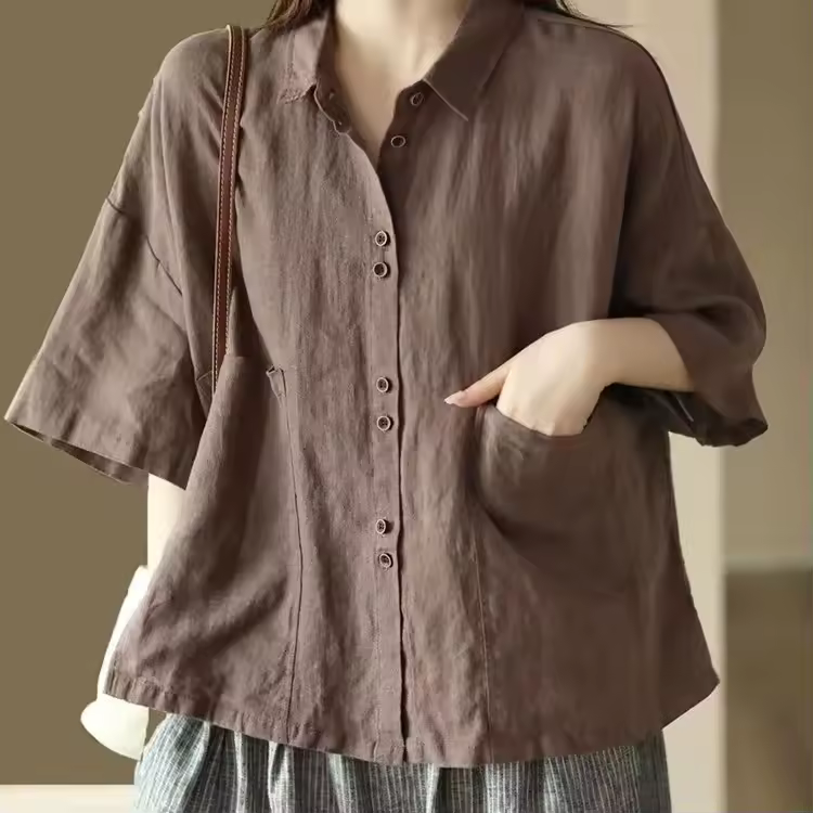 Comfortable Polo Collar Retro Cotton Linen Short Sleeve Loose Shirt - Image 3