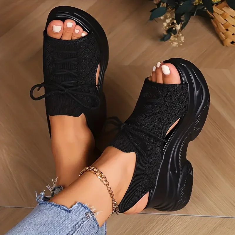 Comfortable Round-Toe Wedge Light Thick-soled Lace-up Roman Sandals - Image 6