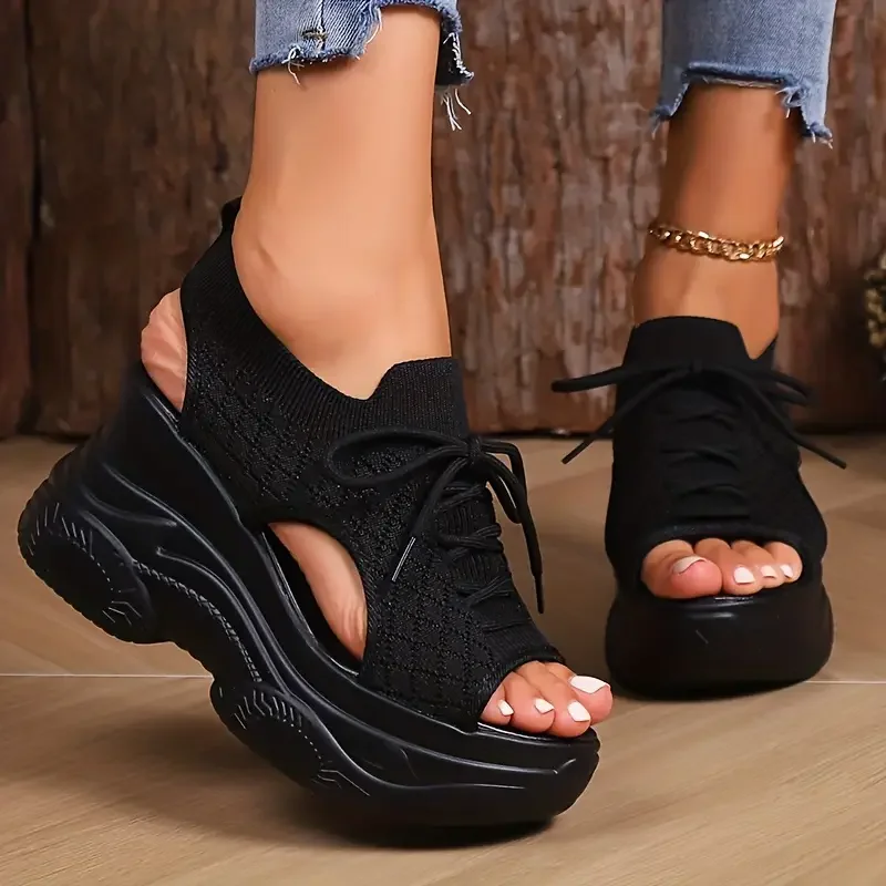 Comfortable Round-Toe Wedge Light Thick-soled Lace-up Roman Sandals - Image 4