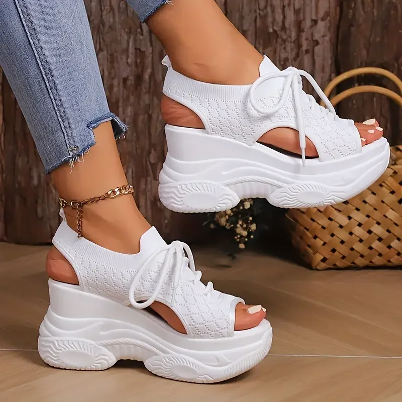 Comfortable Round-Toe Wedge Light Thick-soled Lace-up Roman Sandals - Image 2