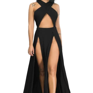 Cross Strap Off Shoulder Solid Color Split Asymmetrical Party Club Dress