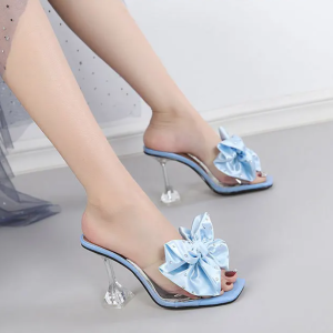 Crystal Bow PVC Transparent Open Toe Pumps High Heels Sandals