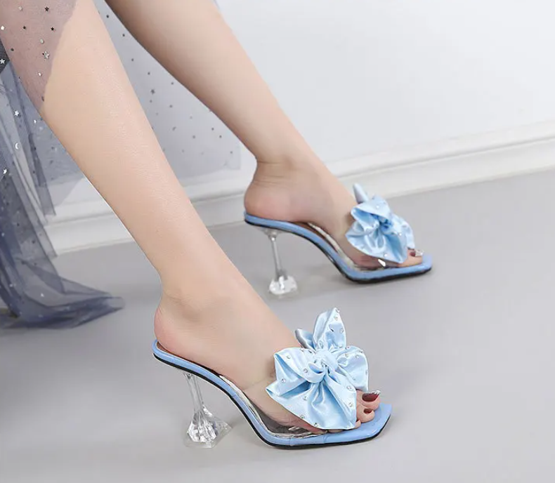 Crystal Bow PVC Transparent Open Toe Pumps High Heels Sandals