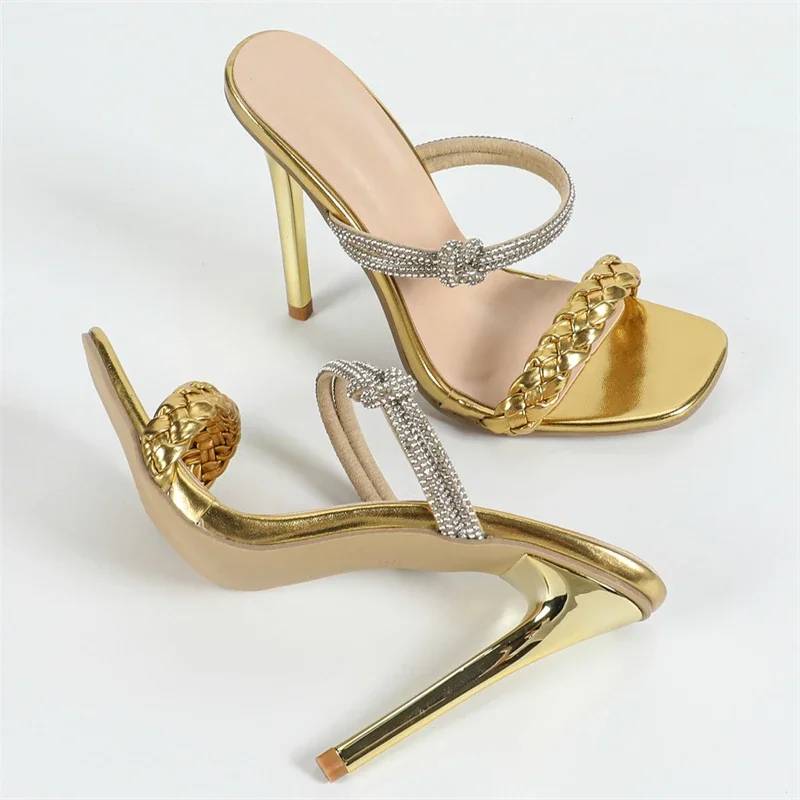 Crystal Diamonds Weave Design Stiletto Thin High Heels Sandal - Image 5