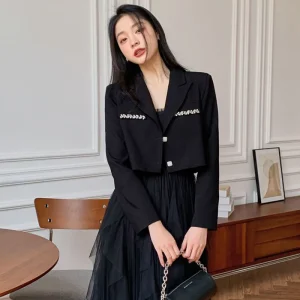 Crystal Single-Breasted Decorate Notched Collar Cropped Blazer Suit