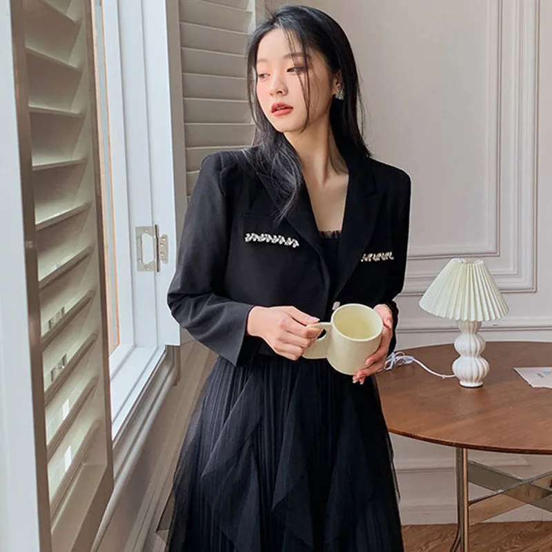 Crystal Single-Breasted Decorate Notched Collar Cropped Blazer Suit - Image 2