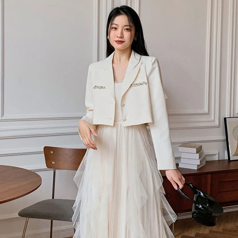 Crystal Single-Breasted Decorate Notched Collar Cropped Blazer Suit - Image 8