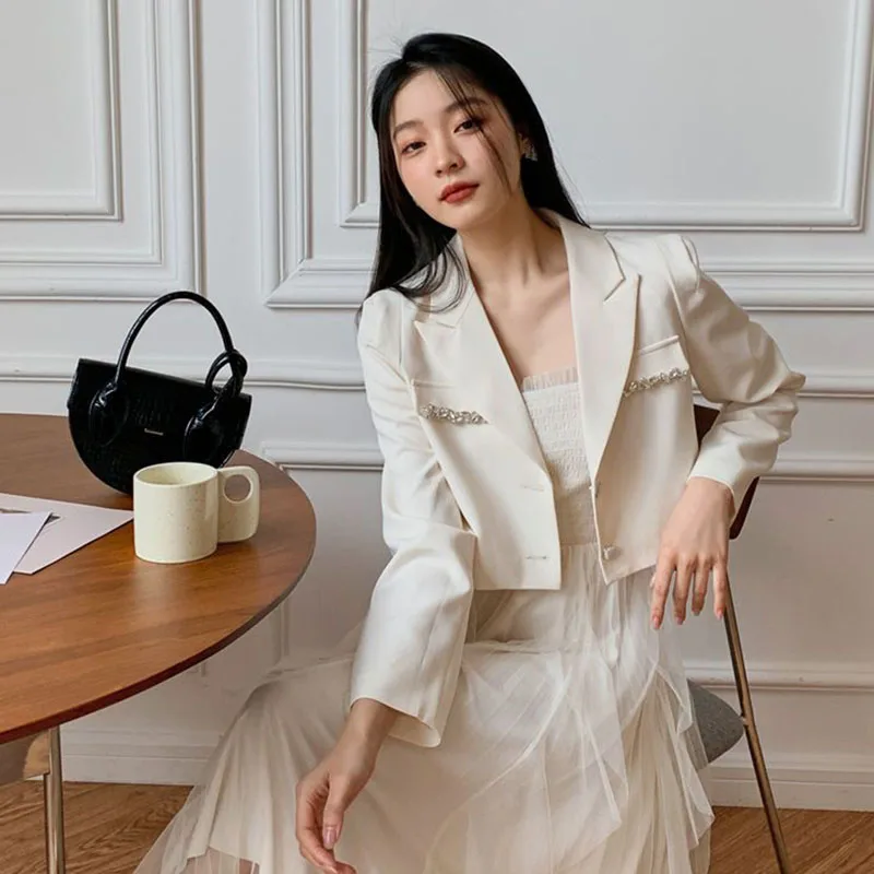 Crystal Single-Breasted Decorate Notched Collar Cropped Blazer Suit - Image 10