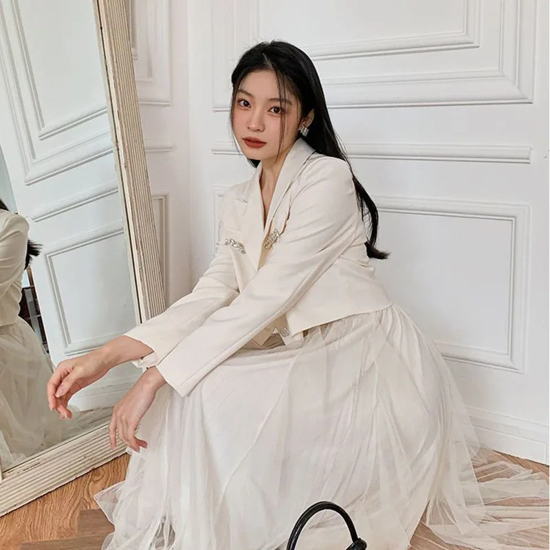 Crystal Single-Breasted Decorate Notched Collar Cropped Blazer Suit - Image 9