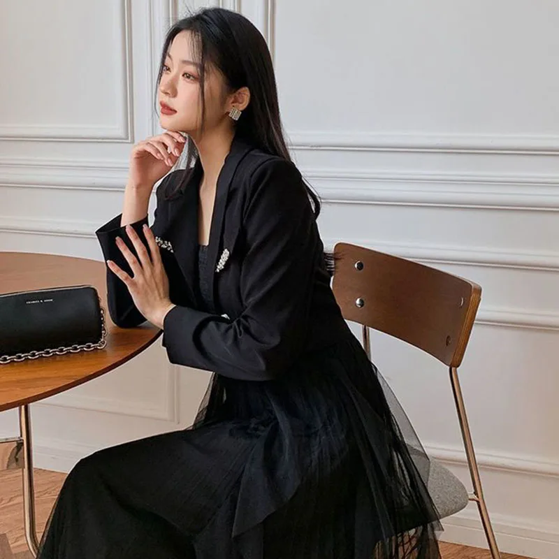 Crystal Single-Breasted Decorate Notched Collar Cropped Blazer Suit - Image 4