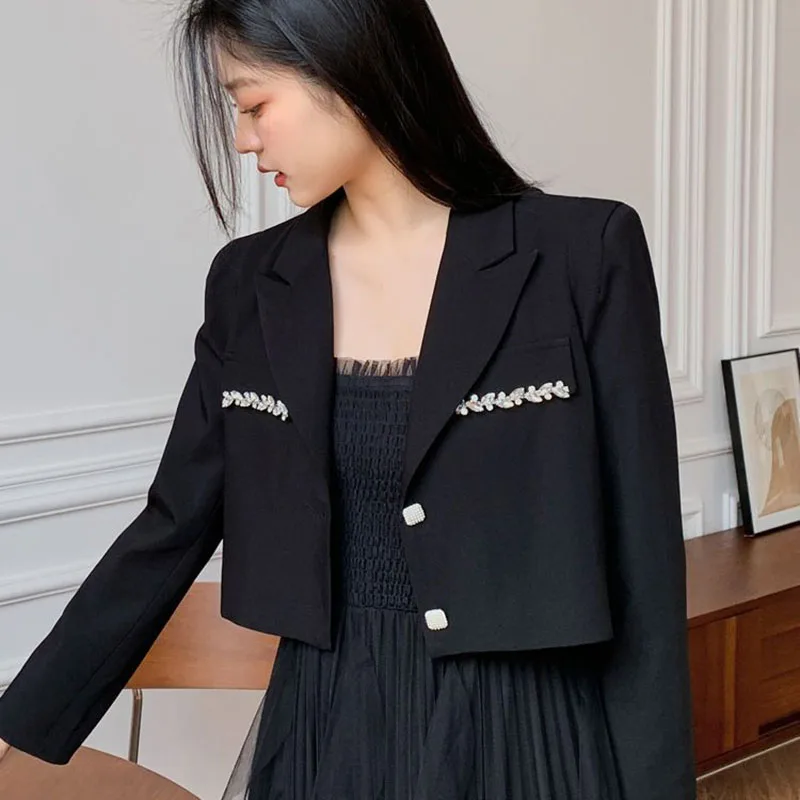 Crystal Single-Breasted Decorate Notched Collar Cropped Blazer Suit - Image 3