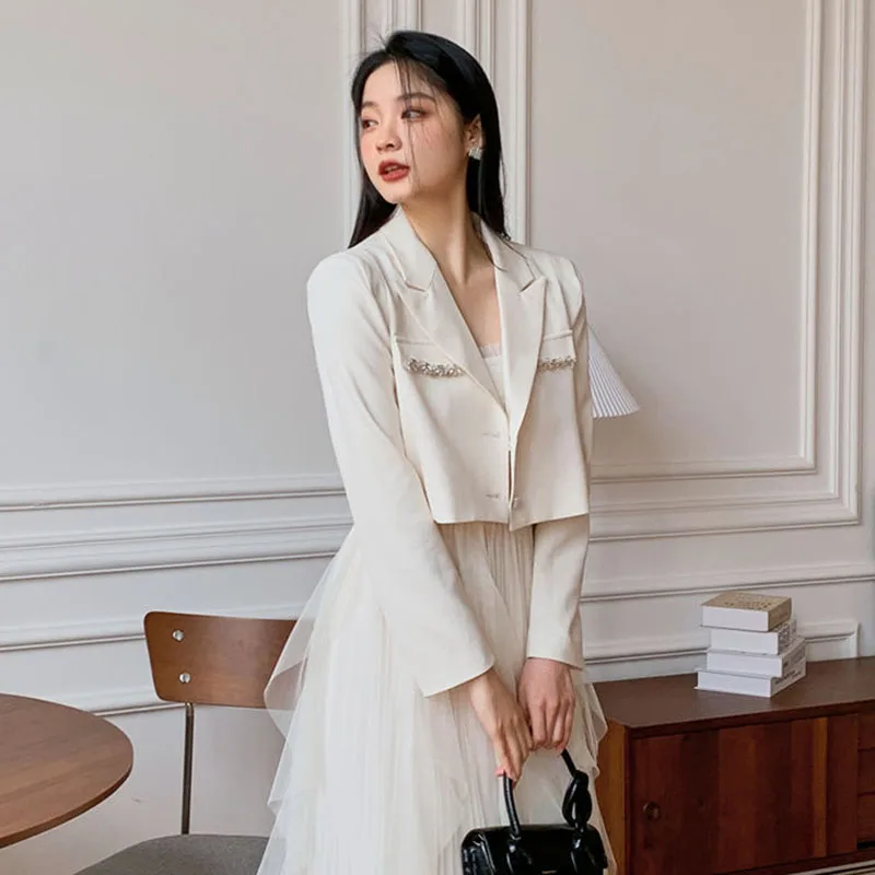 Crystal Single-Breasted Decorate Notched Collar Cropped Blazer Suit - Image 7