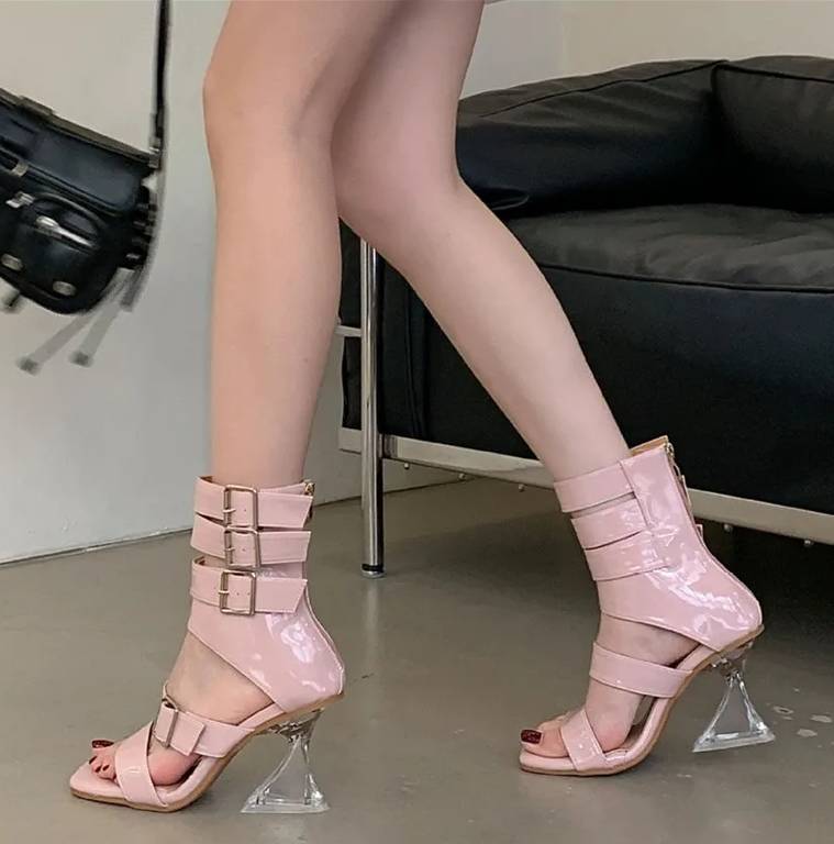 Crystal Transparent Patent Leather Strap Buckle Gladiator High Heels Sandals - Image 2