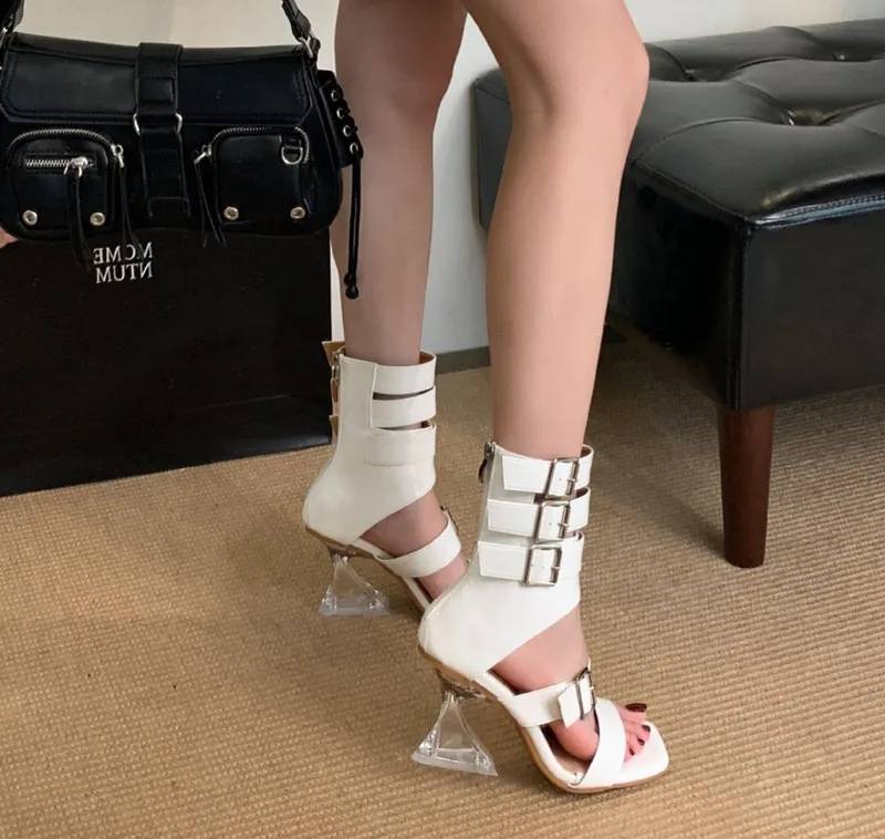 Crystal Transparent Patent Leather Strap Buckle Gladiator High Heels Sandals - Image 7