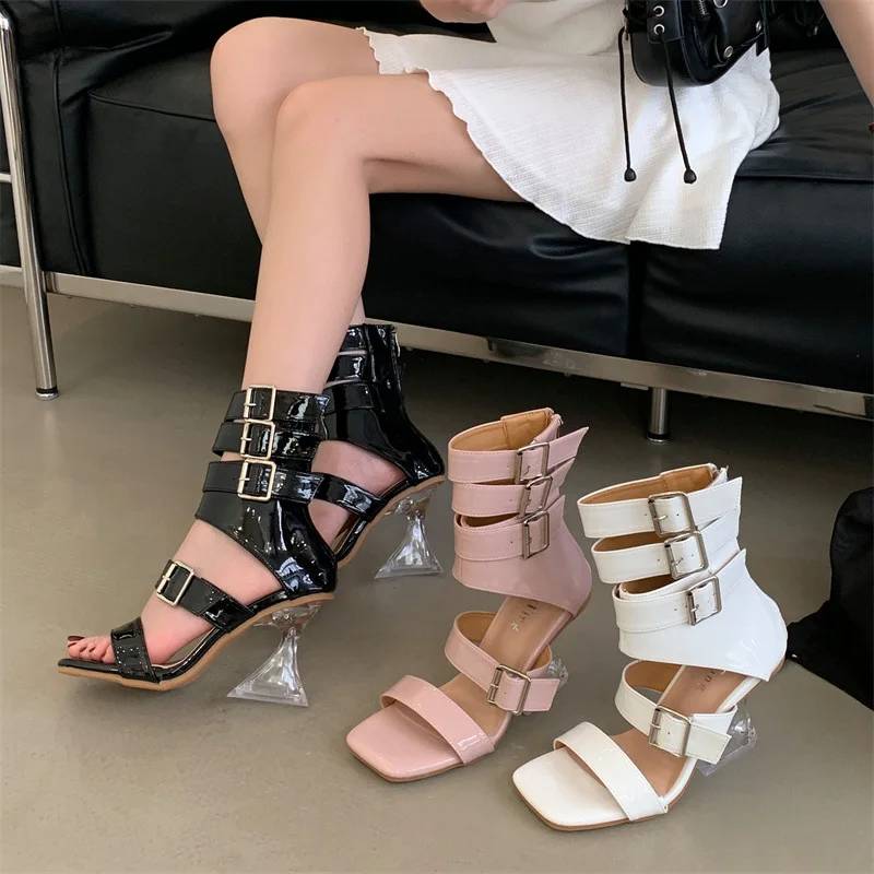 Crystal Transparent Patent Leather Strap Buckle Gladiator High Heels Sandals - Image 11