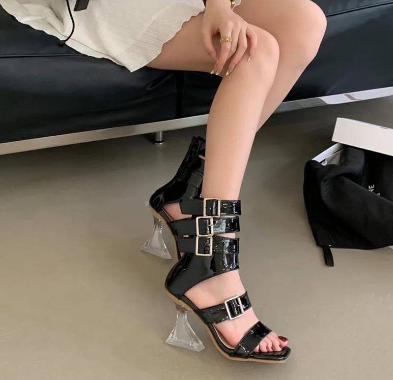 Crystal Transparent Patent Leather Strap Buckle Gladiator High Heels Sandals - Image 5