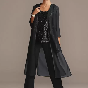 Customization Jewel Neck 3/4 Length Sleeves A-Line Sequins Long 3-Piece Set