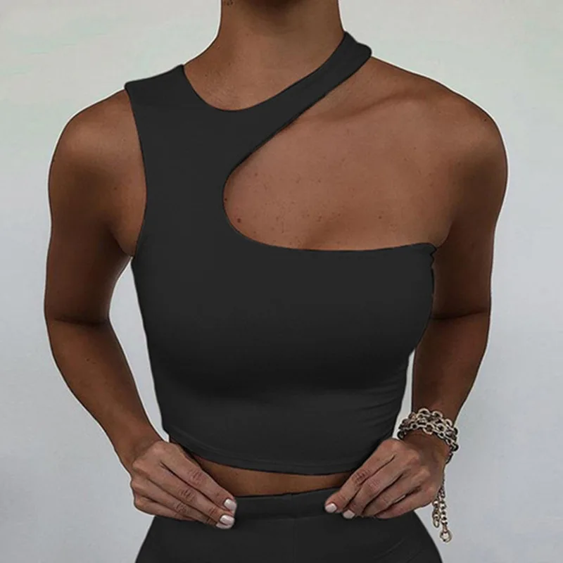 Cut Out Off Shoulder Solid Skinny Sport Tank Irregular Tube Tops - Image 3