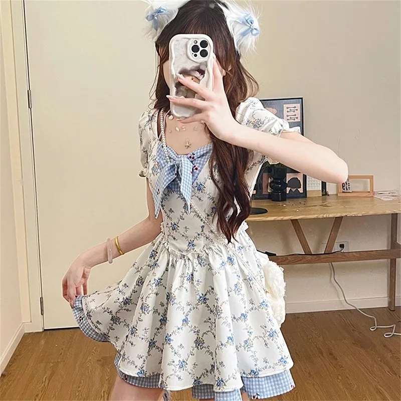 Cute Bow Floral Sweet Short Sleeve Casual Vintage Slim Preppy Style Dress