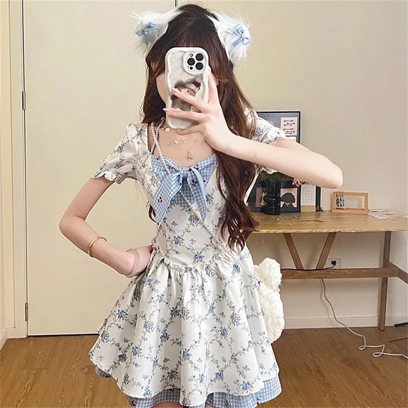 Cute Bow Floral Sweet Short Sleeve Casual Vintage Slim Preppy Style Dress - Image 2