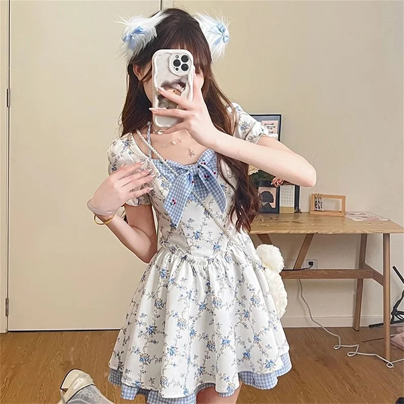 Cute Bow Floral Sweet Short Sleeve Casual Vintage Slim Preppy Style Dress - Image 3