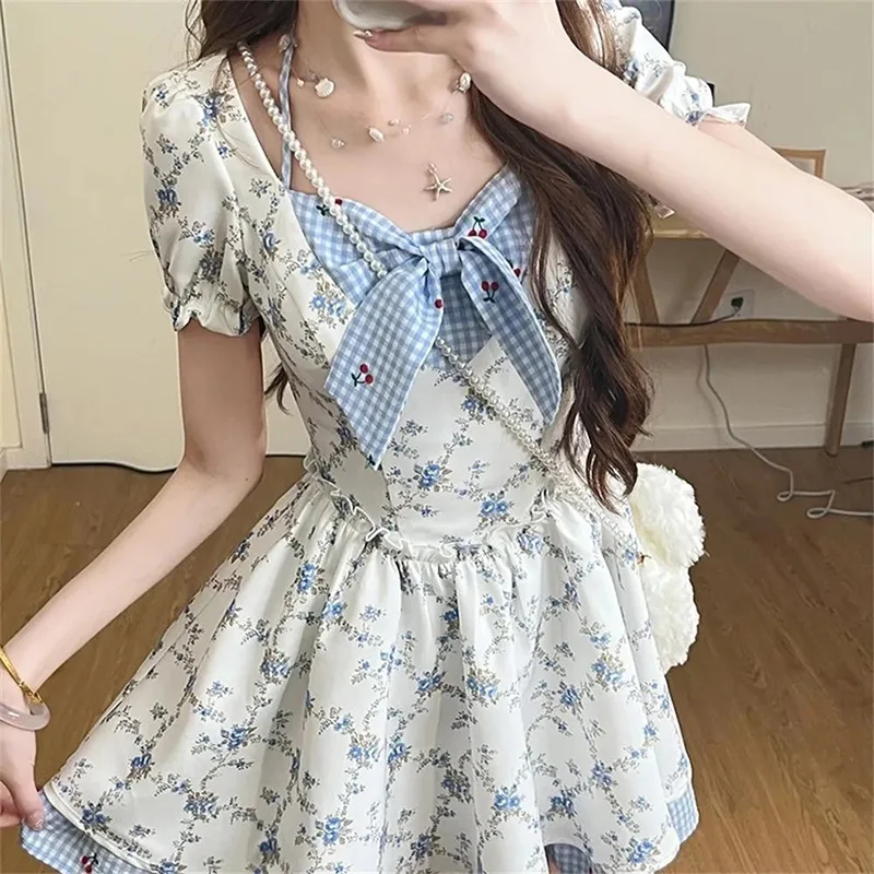 Cute Bow Floral Sweet Short Sleeve Casual Vintage Slim Preppy Style Dress - Image 4