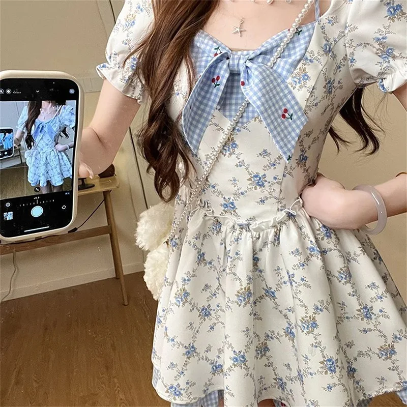 Cute Bow Floral Sweet Short Sleeve Casual Vintage Slim Preppy Style Dress - Image 5