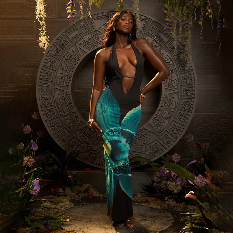 Deep V Neck Halter Print Sleeveless Backless High Waist Club Party Dress - Image 9