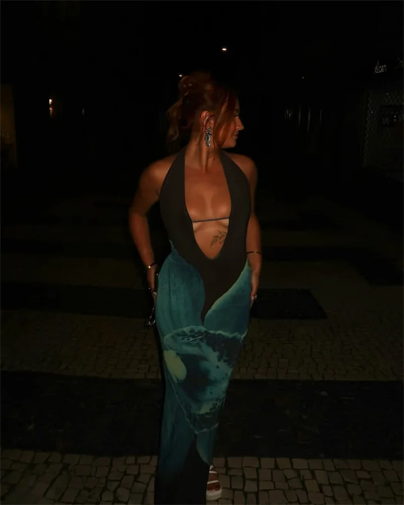 Deep V Neck Halter Print Sleeveless Backless High Waist Club Party Dress - Image 11