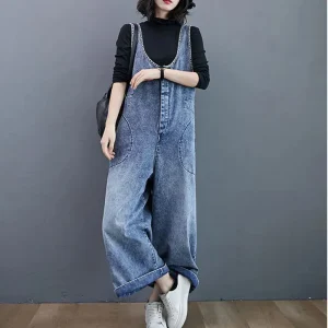 Denim Strap Pants Loose Wide leg Long Jeans Fashion Casual Student Denim Jumpsuit