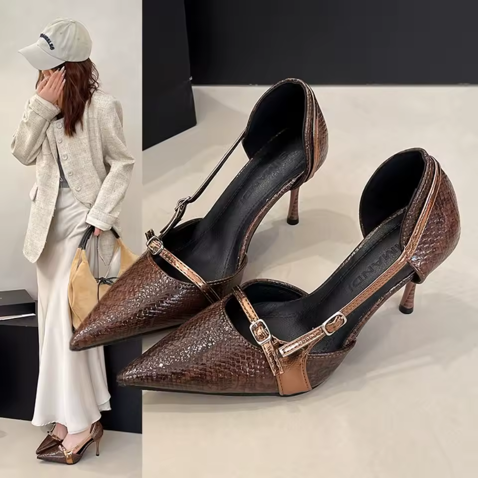 Design Pointed Stone Pattern Stiletto Belt Buckle Hollow High Heel Sandals - Image 5