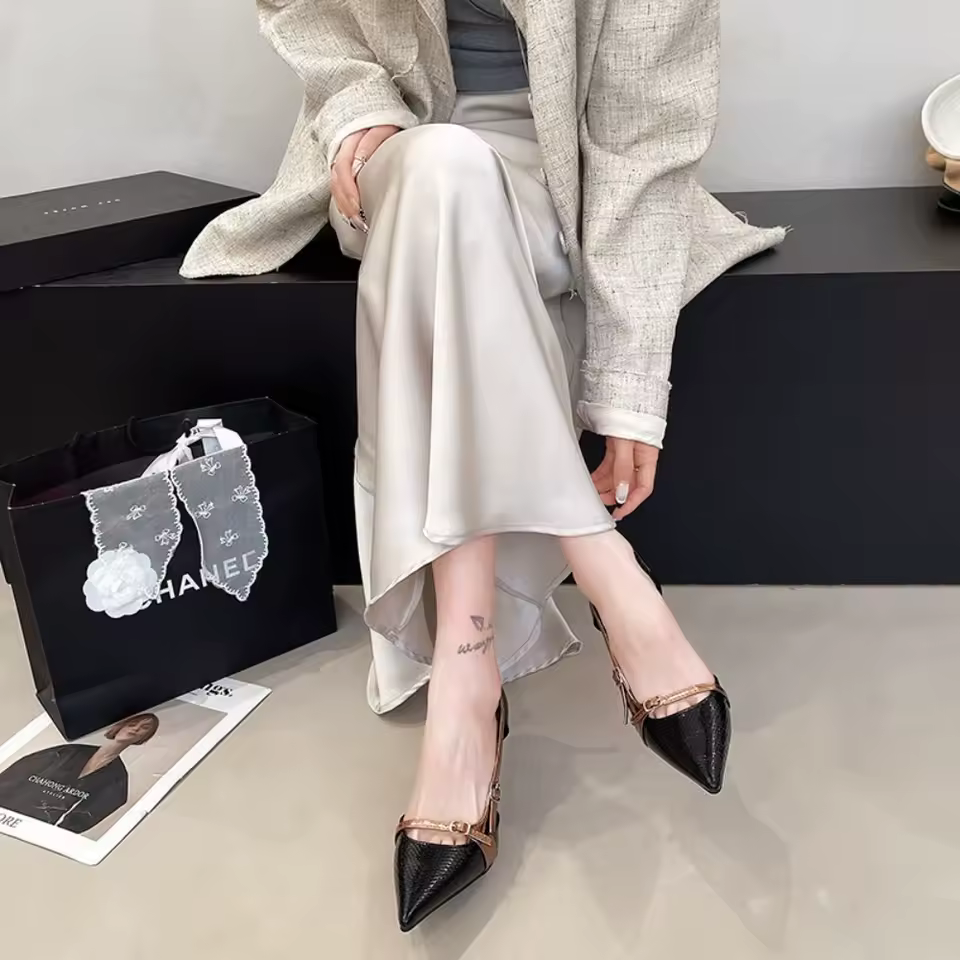 Design Pointed Stone Pattern Stiletto Belt Buckle Hollow High Heel Sandals - Image 4