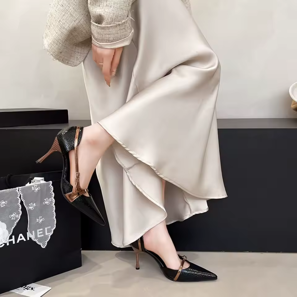 Design Pointed Stone Pattern Stiletto Belt Buckle Hollow High Heel Sandals - Image 3