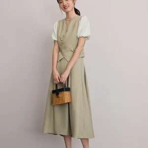 Design V-neck Shirt A-line Puff-sleeved Shirt Top And Skirt 2 Piece Suit