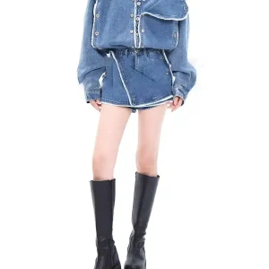 Designer Loose Two Piece Set Lapel Long Sleeve Spliced Button Coat High Waist Shorts Loose Sets