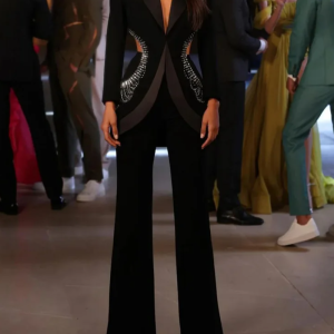 Diamonds Open Back Hollow Out Single Button Jacket With Pants Two Pieces Set