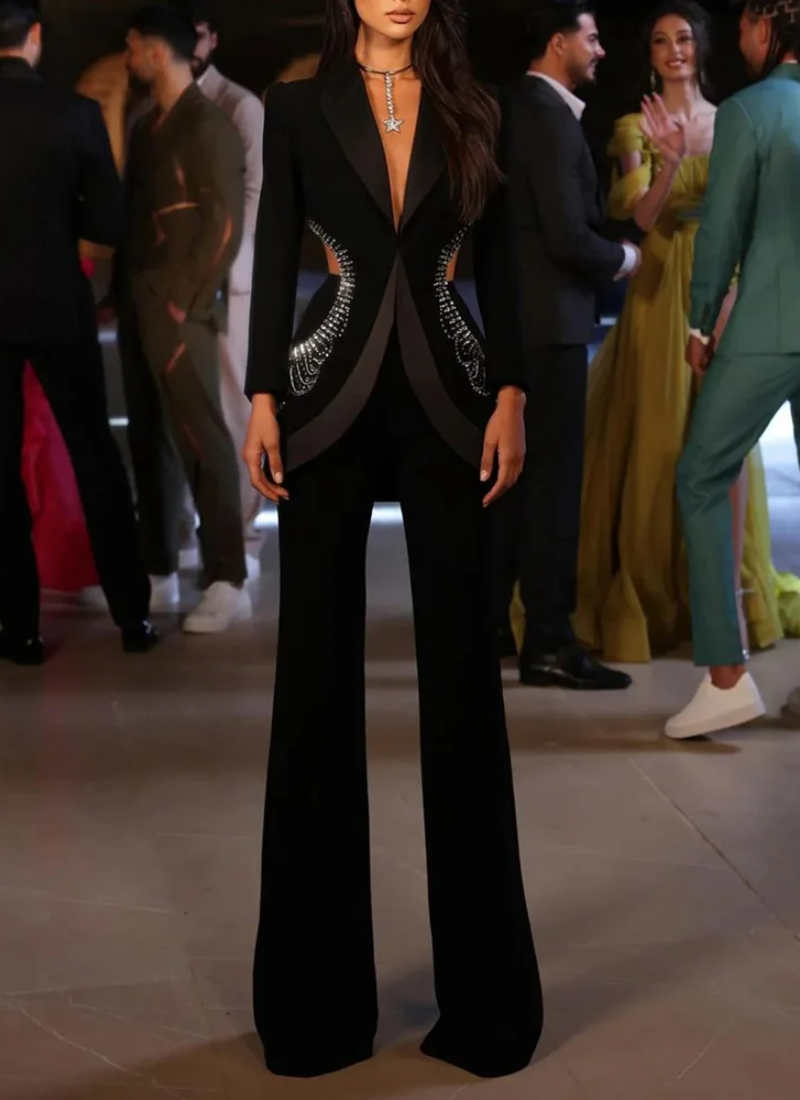 Diamonds Open Back Hollow Out Single Button Jacket With Pants Two Pieces Set