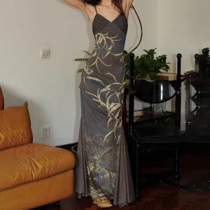 Elegant Backless V-Neck Print Slim Clothing Casual Maxi Dress