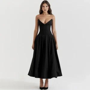 Elegant Backless V-neck High Waist Solid Color Strapless Sleeveless Long Dress