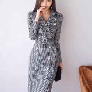 Elegant Bird Lattice Ruffle Double Breasted Knee-length Dress