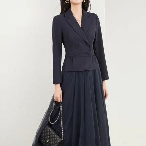 Elegant Double Breasted Blazer And Skirt 2 Piece Suits