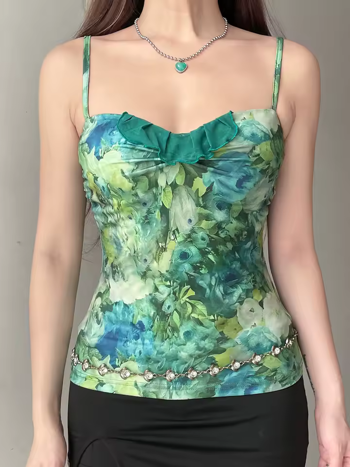 Elegant Chic Floral Flower Print Slight Stretch Blouses Camis Top