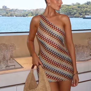 Elegant Chic Knitted Contrast Slanted Collar Backless Slim Fit Mini Dresses