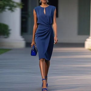 Elegant Chic Sleeveless Pleated Solid Retro Hollow Out O Neck Spliced Commute Dress