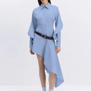 Elegant Classic Irregular Casual Lapel Long Sleeve Midi Dresses