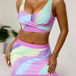Elegant Color Block Print with Skirt Cross-over Bust Tankini Set