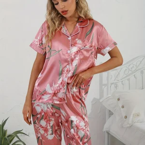 Elegant Comfort Short Sleeve Button Lapel Floral Print Satin Pajama Set