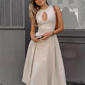 Elegant Cotton And Linen Sleeveless With Keyhole Detail Long Dress