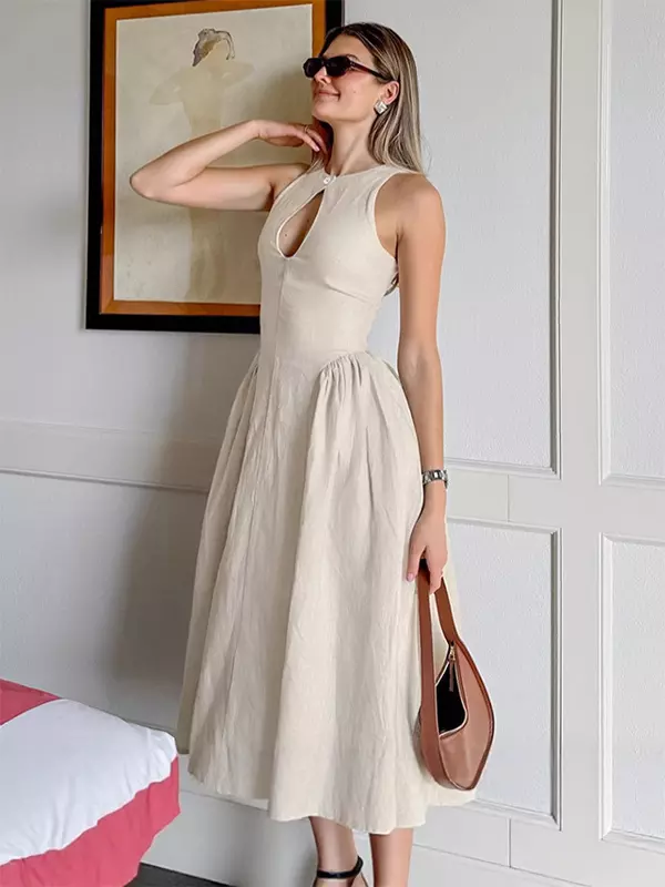 Elegant Cotton And Linen Sleeveless With Keyhole Detail Long Dress - Image 2