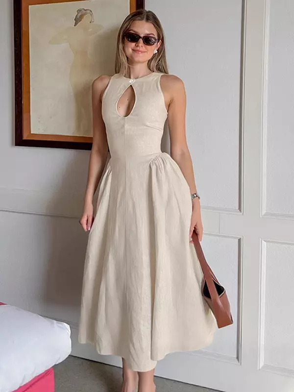 Elegant Cotton And Linen Sleeveless With Keyhole Detail Long Dress - Image 4